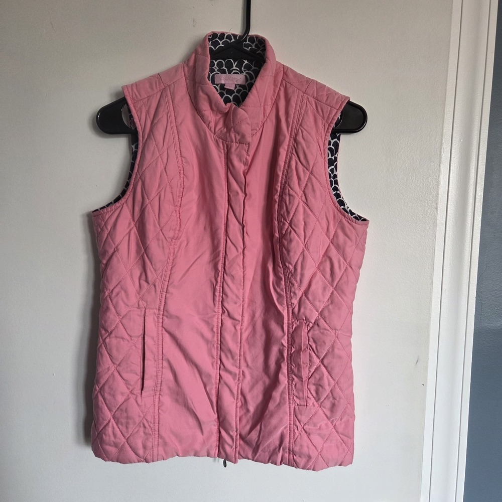 Lilly Pulitzer  Quilted Puffer Vest Pink Shell Print Lining Zip Snap Size Small